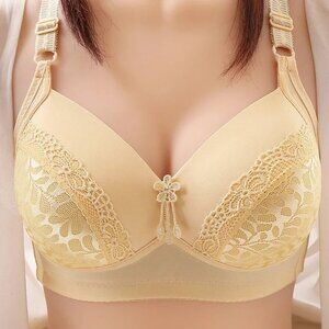 Woman's Solid Color Comfortable Hollow Out Perspective Bra Wireless Beige XXL/44